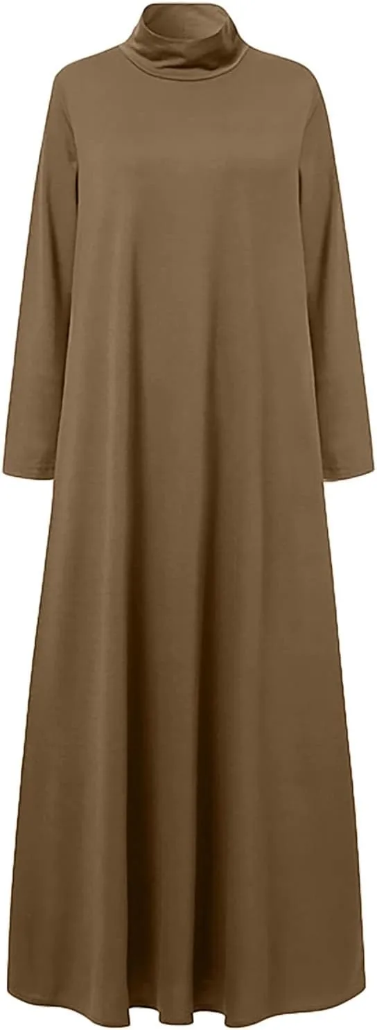 Women's Plus Size Dresses Fall High Neck A Line Swing Pleated Solid Dress Long Sleeve Comfortable Flowy Maxi Dresses