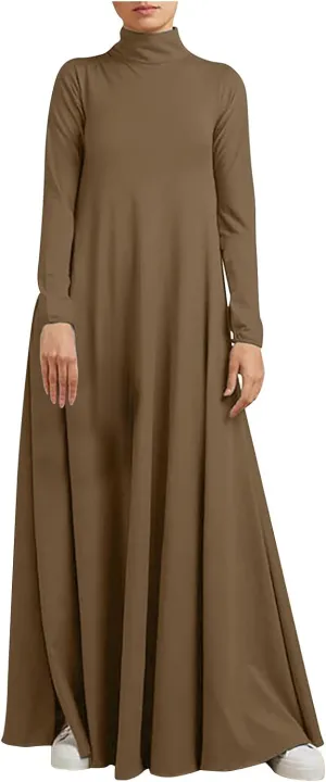 Women's Plus Size Dresses Fall High Neck A Line Swing Pleated Solid Dress Long Sleeve Comfortable Flowy Maxi Dresses