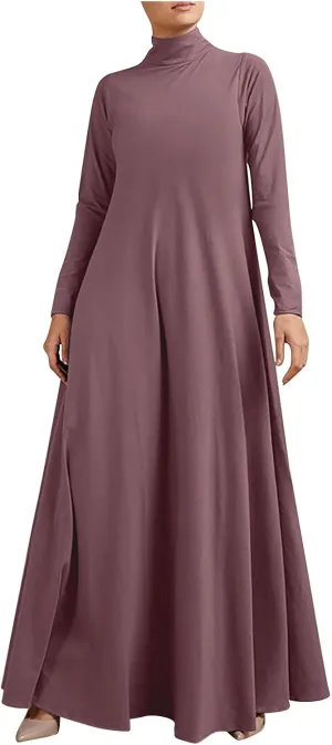 Women's Plus Size Dresses Fall High Neck A Line Swing Pleated Solid Dress Long Sleeve Comfortable Flowy Maxi Dresses