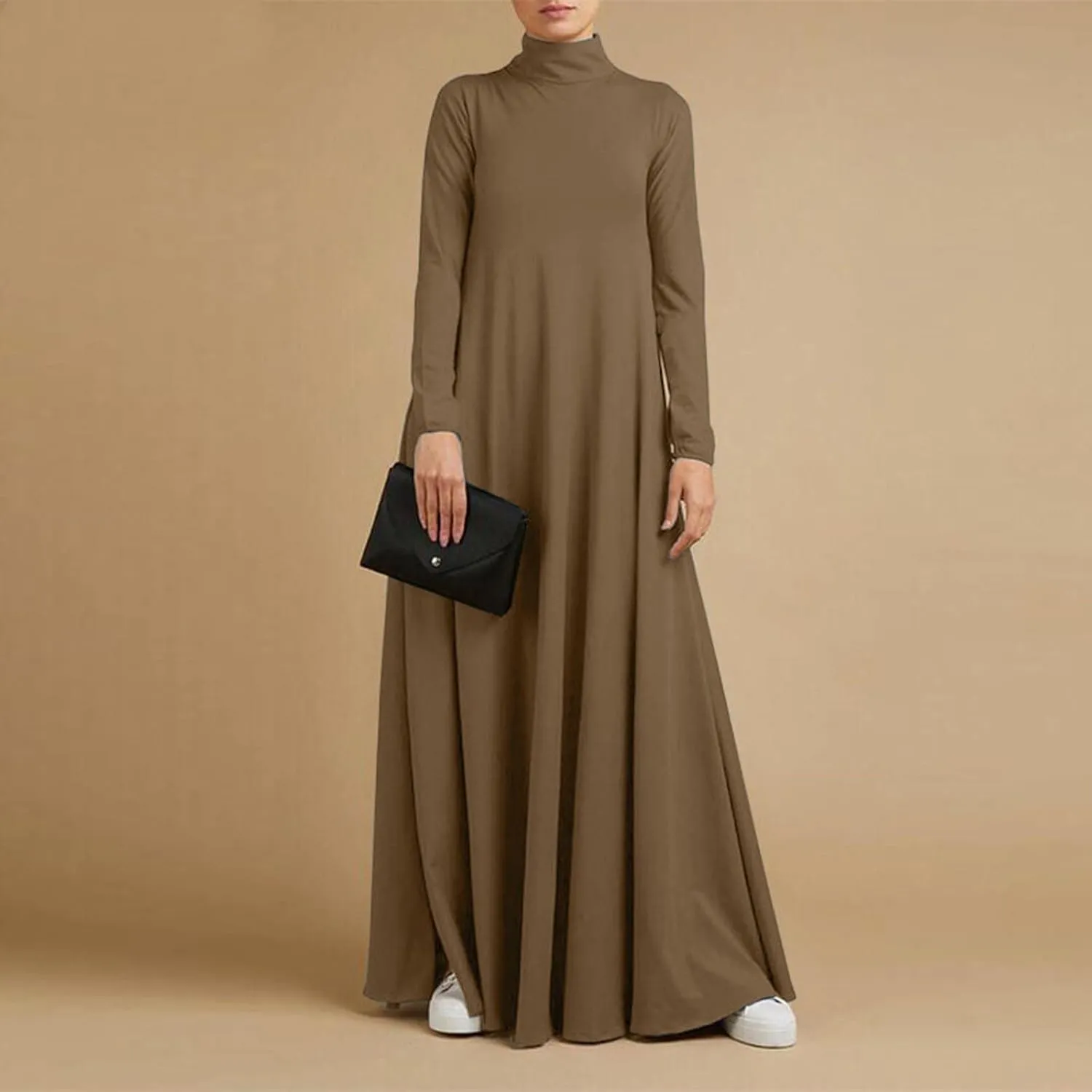 Women's Plus Size Dresses Fall High Neck A Line Swing Pleated Solid Dress Long Sleeve Comfortable Flowy Maxi Dresses