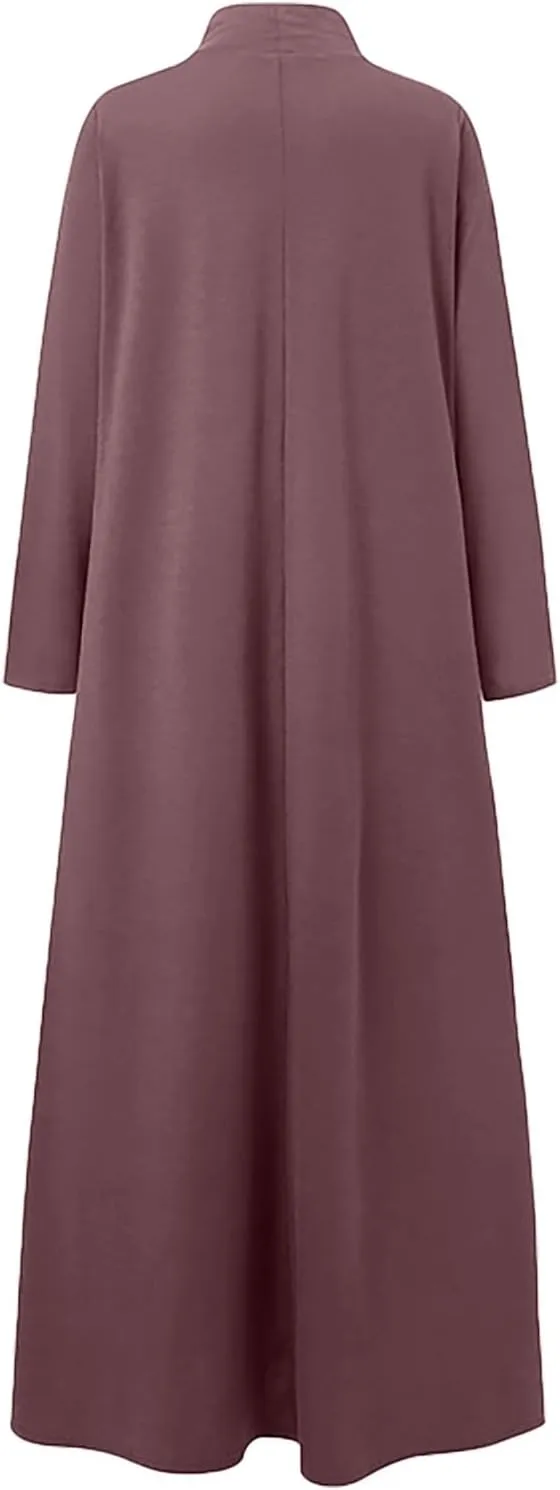Women's Plus Size Dresses Fall High Neck A Line Swing Pleated Solid Dress Long Sleeve Comfortable Flowy Maxi Dresses