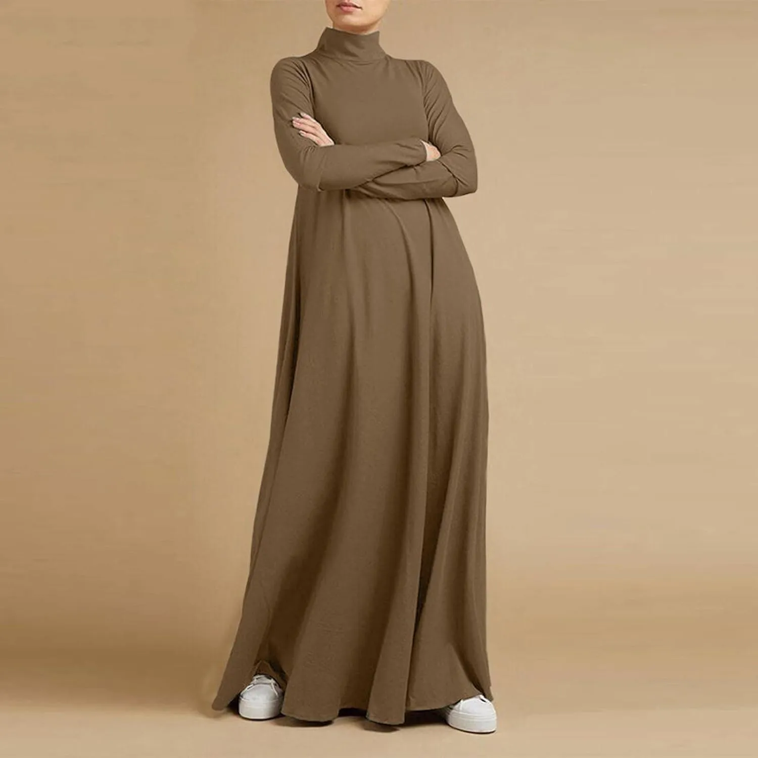 Women's Plus Size Dresses Fall High Neck A Line Swing Pleated Solid Dress Long Sleeve Comfortable Flowy Maxi Dresses