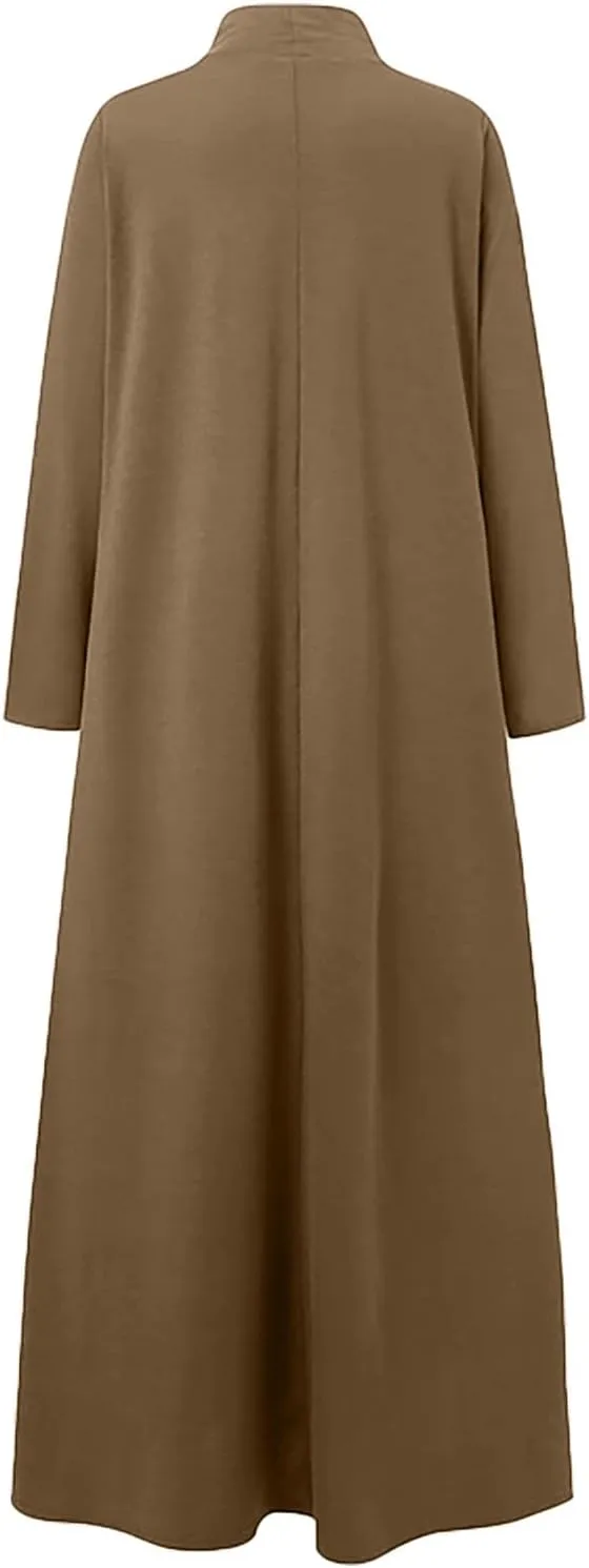 Women's Plus Size Dresses Fall High Neck A Line Swing Pleated Solid Dress Long Sleeve Comfortable Flowy Maxi Dresses