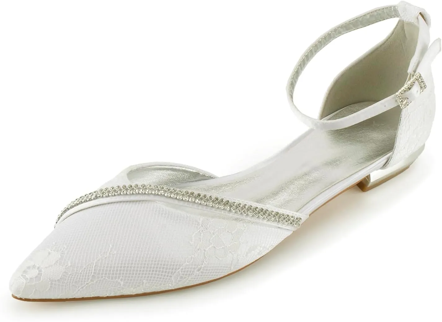 Women's Pointed Toe Wedding Flats for Bride Comfortable Lace Wedding Shoes Low Heels Crystal Strap Bridal Flats