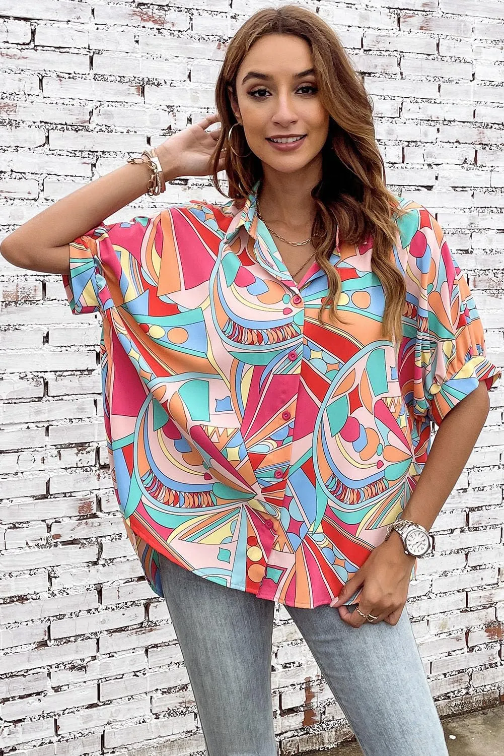 Womens Printed Five Quarter Sleeve Pullover Blouse Short Sleeves Spring Summer Loose Casual Plus Size Shirt