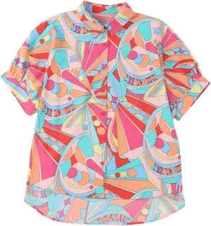 Womens Printed Five Quarter Sleeve Pullover Blouse Short Sleeves Spring Summer Loose Casual Plus Size Shirt