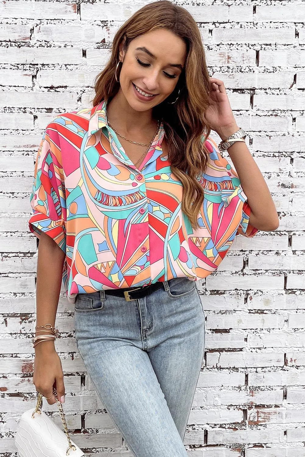 Womens Printed Five Quarter Sleeve Pullover Blouse Short Sleeves Spring Summer Loose Casual Plus Size Shirt