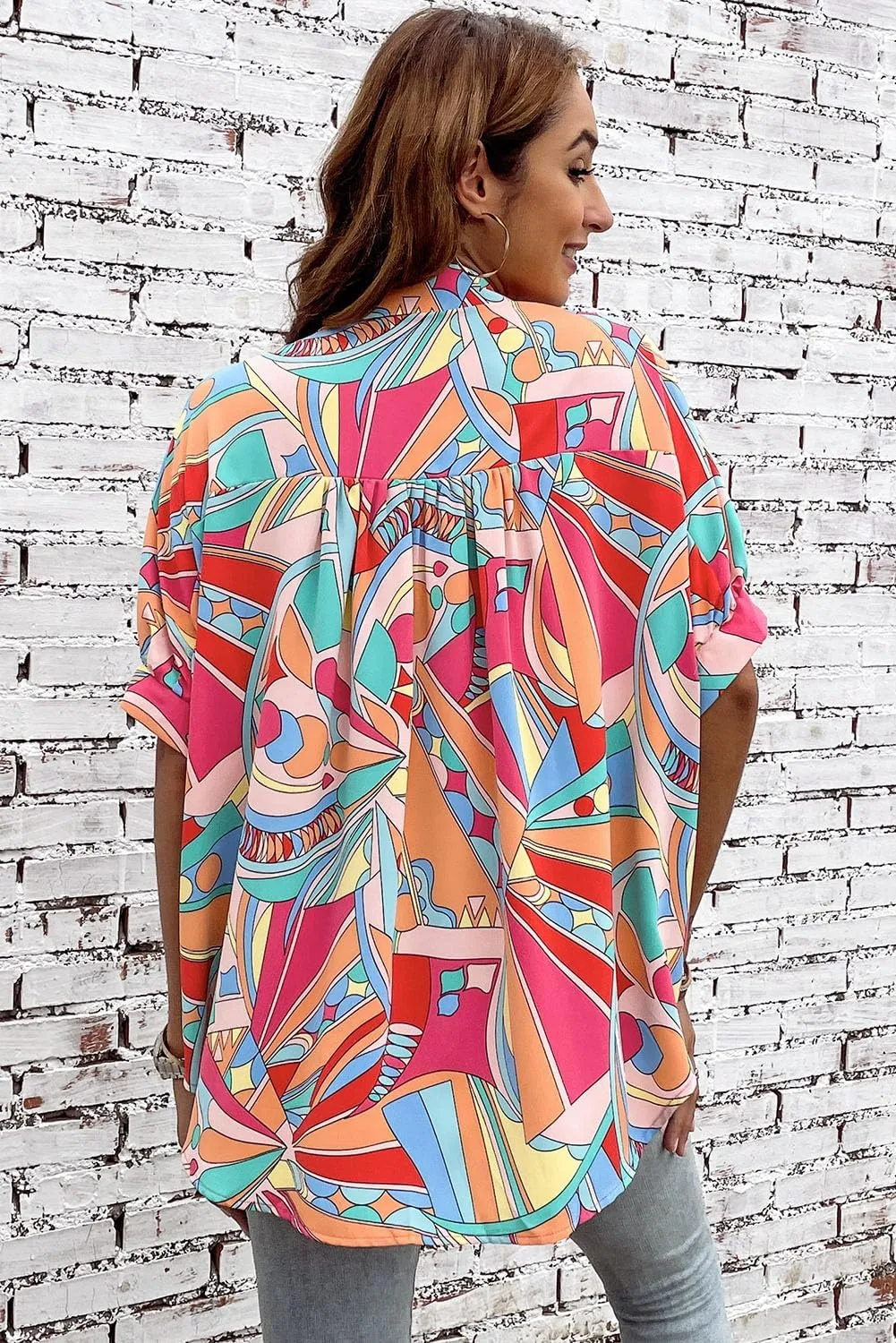 Womens Printed Five Quarter Sleeve Pullover Blouse Short Sleeves Spring Summer Loose Casual Plus Size Shirt