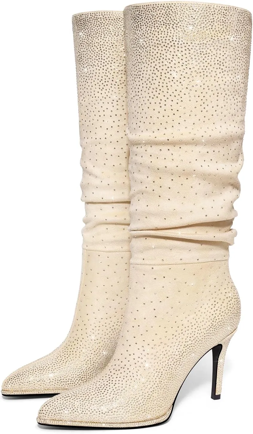 Womens Rhinestone Knee High Boots Sparkly Slouchy Tall Boots Pointed Toe High Heel Wide Calf Glitter Stiletto Boot for Women