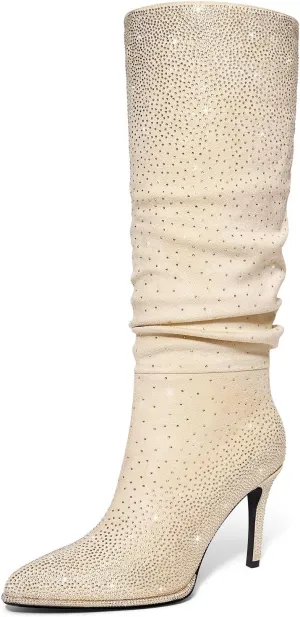 Womens Rhinestone Knee High Boots Sparkly Slouchy Tall Boots Pointed Toe High Heel Wide Calf Glitter Stiletto Boot for Women