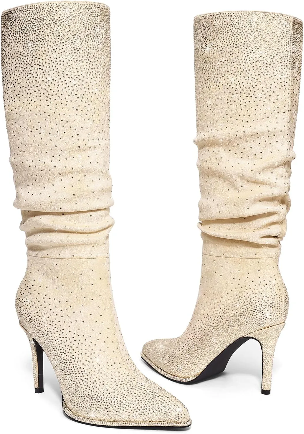 Womens Rhinestone Knee High Boots Sparkly Slouchy Tall Boots Pointed Toe High Heel Wide Calf Glitter Stiletto Boot for Women