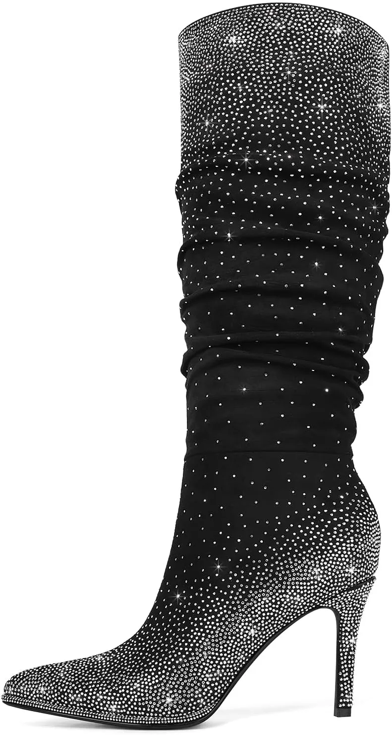 Womens Rhinestone Knee High Boots Sparkly Slouchy Tall Boots Pointed Toe High Heel Wide Calf Glitter Stiletto Boot for Women