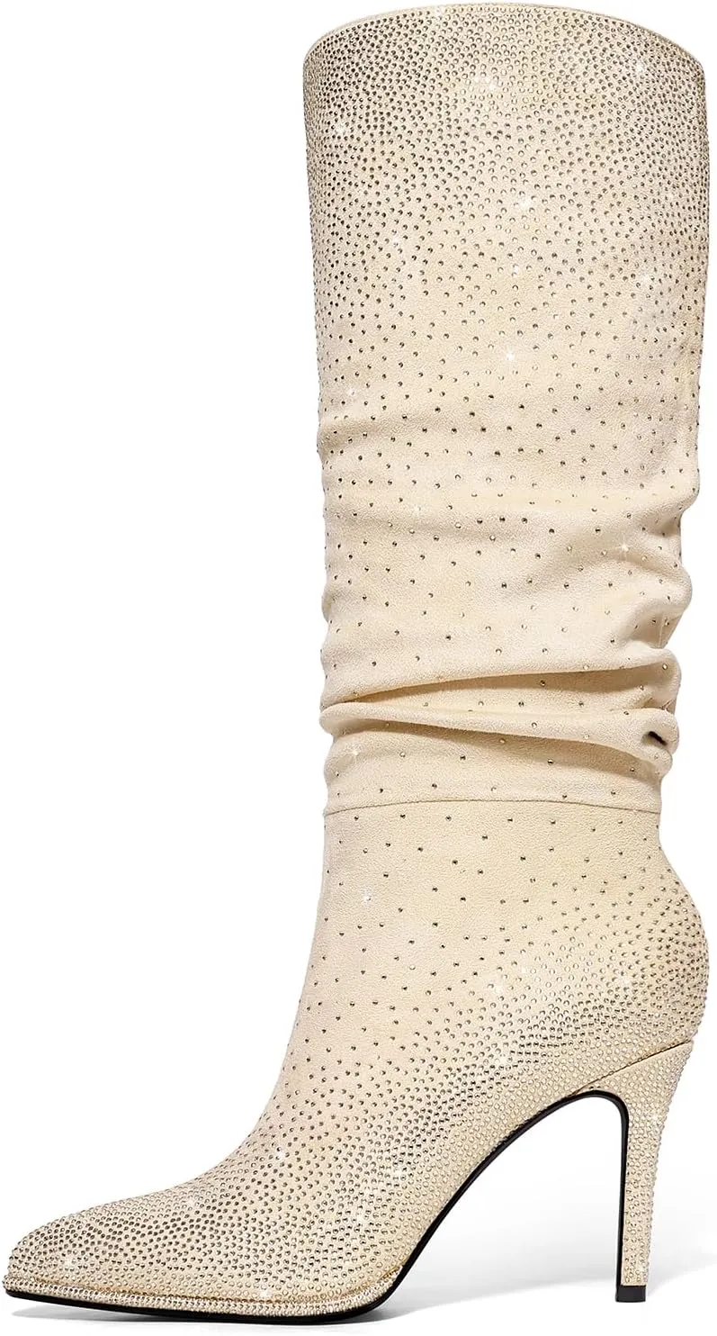 Womens Rhinestone Knee High Boots Sparkly Slouchy Tall Boots Pointed Toe High Heel Wide Calf Glitter Stiletto Boot for Women