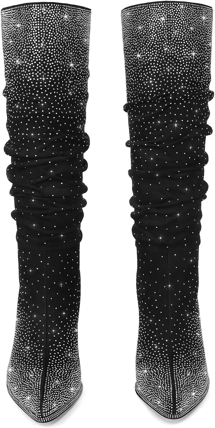 Womens Rhinestone Knee High Boots Sparkly Slouchy Tall Boots Pointed Toe High Heel Wide Calf Glitter Stiletto Boot for Women