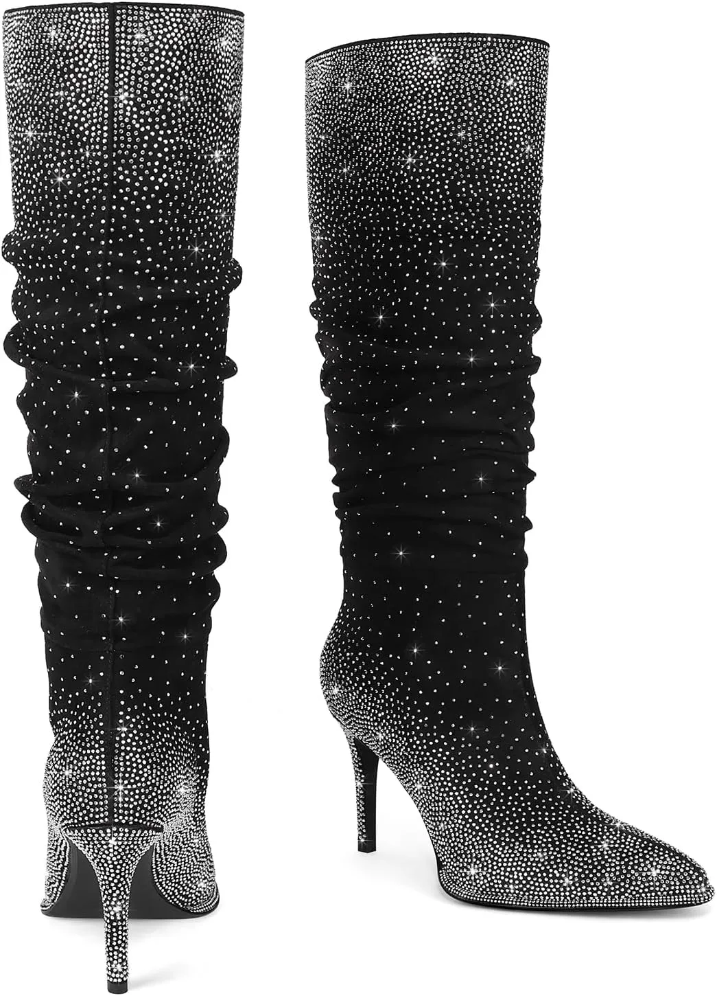 Womens Rhinestone Knee High Boots Sparkly Slouchy Tall Boots Pointed Toe High Heel Wide Calf Glitter Stiletto Boot for Women