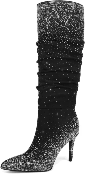 Womens Rhinestone Knee High Boots Sparkly Slouchy Tall Boots Pointed Toe High Heel Wide Calf Glitter Stiletto Boot for Women