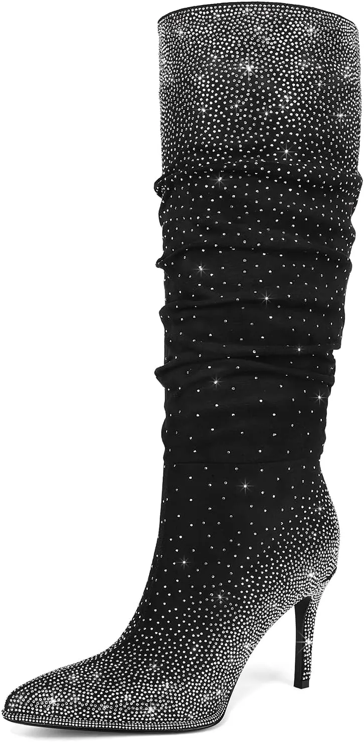 Womens Rhinestone Knee High Boots Sparkly Slouchy Tall Boots Pointed Toe High Heel Wide Calf Glitter Stiletto Boot for Women