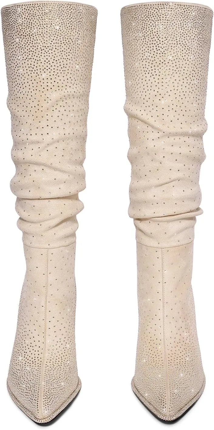 Womens Rhinestone Knee High Boots Sparkly Slouchy Tall Boots Pointed Toe High Heel Wide Calf Glitter Stiletto Boot for Women
