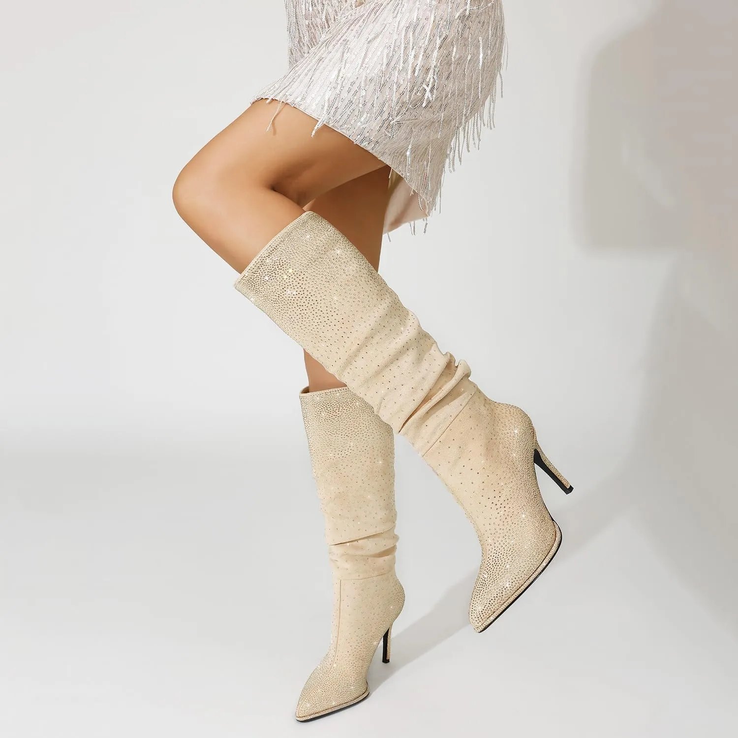 Womens Rhinestone Knee High Boots Sparkly Slouchy Tall Boots Pointed Toe High Heel Wide Calf Glitter Stiletto Boot for Women