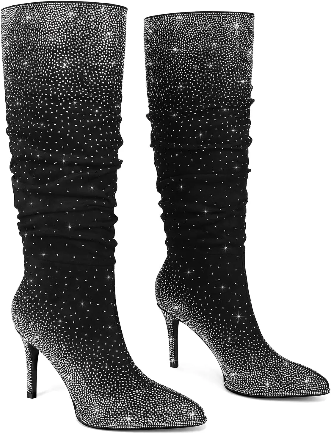 Womens Rhinestone Knee High Boots Sparkly Slouchy Tall Boots Pointed Toe High Heel Wide Calf Glitter Stiletto Boot for Women