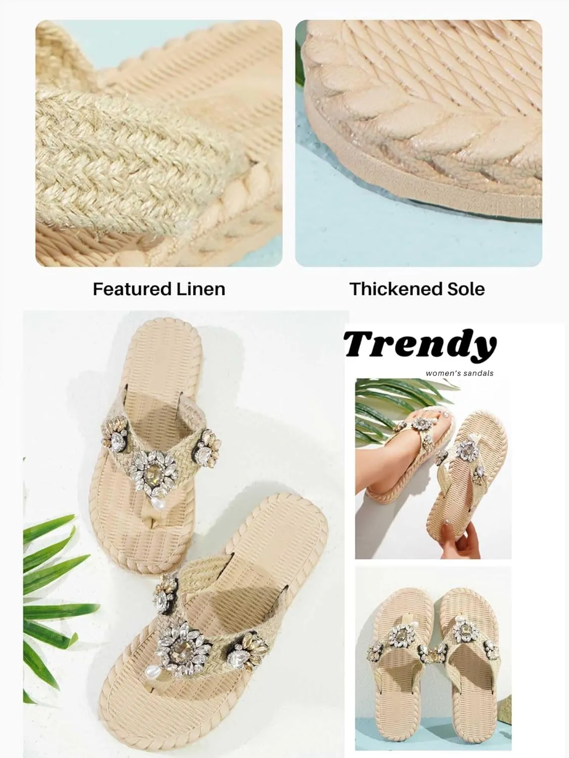 Women's Rhinestones Weave Flat Thong Slides Sandals Fashion Sparkling Crystal Comfortable Open Toe Slip On Summer Walking Slippers for Indoor Outdoor Beach Daily Wear