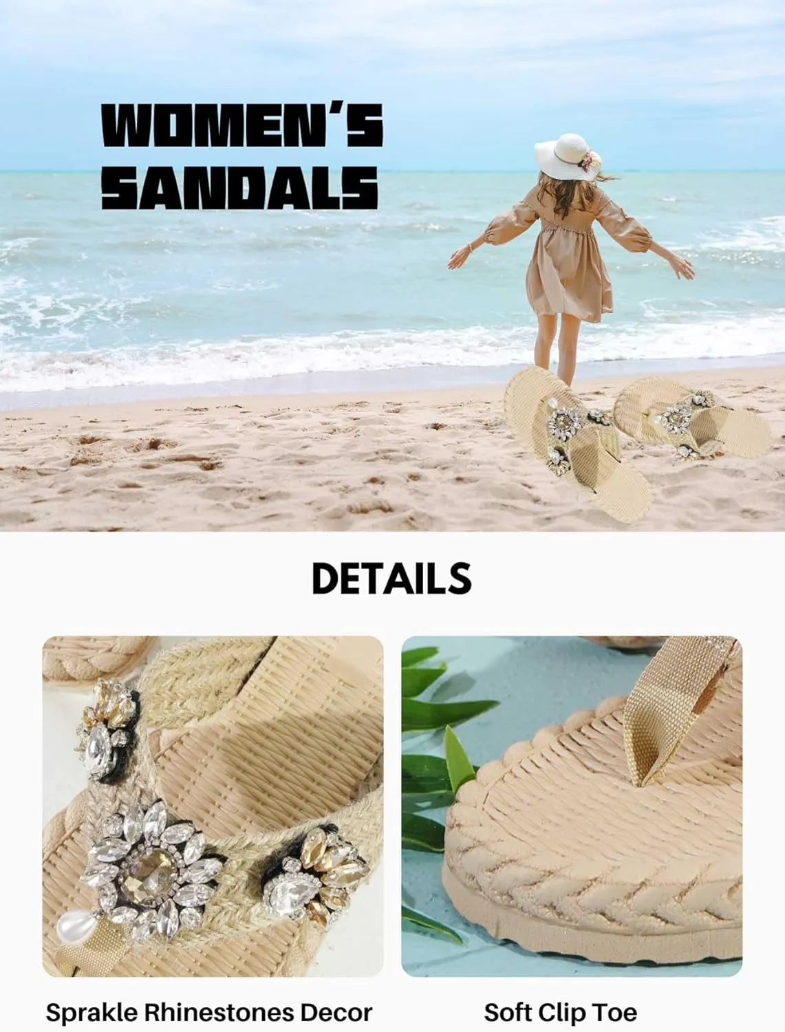 Women's Rhinestones Weave Flat Thong Slides Sandals Fashion Sparkling Crystal Comfortable Open Toe Slip On Summer Walking Slippers for Indoor Outdoor Beach Daily Wear