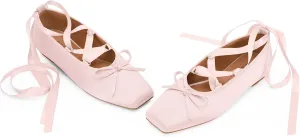 Women's Satin Ballet Flats Light Pink Closed Square Toe Bow Ballerina Slippers Comfy Lace Up Flat Shoes Strappy Mary Janes Cute Elegant Pumps for Ladies Dressy
