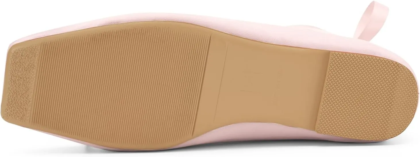 Women's Satin Ballet Flats Light Pink Closed Square Toe Bow Ballerina Slippers Comfy Lace Up Flat Shoes Strappy Mary Janes Cute Elegant Pumps for Ladies Dressy