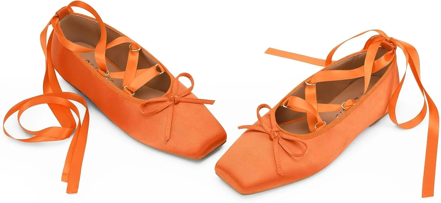 Women's Satin Ballet Flats Light Pink Closed Square Toe Bow Ballerina Slippers Comfy Lace Up Flat Shoes Strappy Mary Janes Cute Elegant Pumps for Ladies Dressy