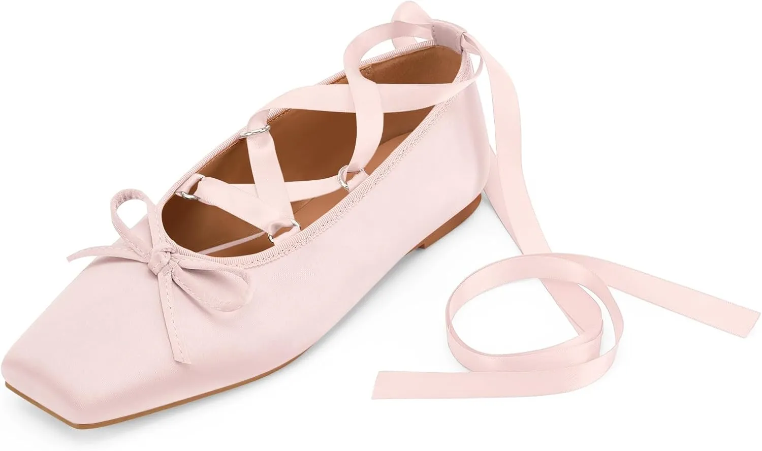 Women's Satin Ballet Flats Light Pink Closed Square Toe Bow Ballerina Slippers Comfy Lace Up Flat Shoes Strappy Mary Janes Cute Elegant Pumps for Ladies Dressy
