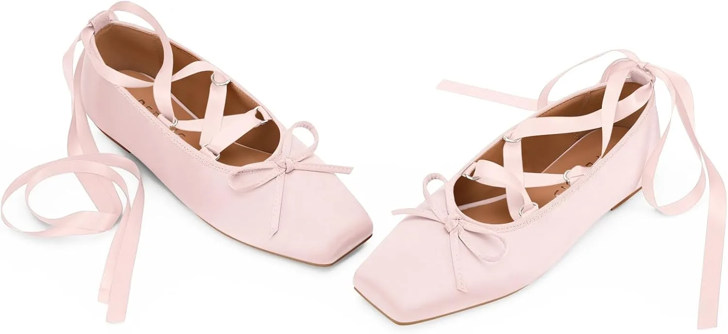 Women's Satin Ballet Flats Light Pink Closed Square Toe Bow Ballerina Slippers Comfy Lace Up Flat Shoes Strappy Mary Janes Cute Elegant Pumps for Ladies Dressy