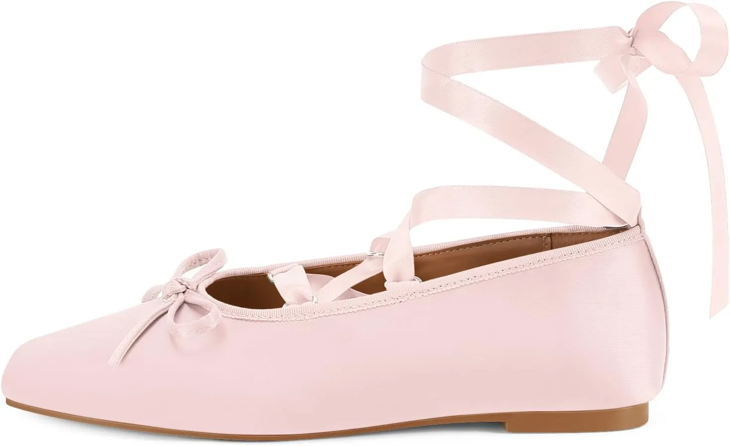 Women's Satin Ballet Flats Light Pink Closed Square Toe Bow Ballerina Slippers Comfy Lace Up Flat Shoes Strappy Mary Janes Cute Elegant Pumps for Ladies Dressy