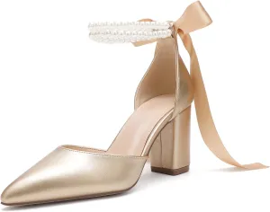 Women's Satin Block Heel Wedding Sandals,High Chunky Ankle Strap Pearl Wedding Dress Shoes,High Heel Bridal Pump Sandals