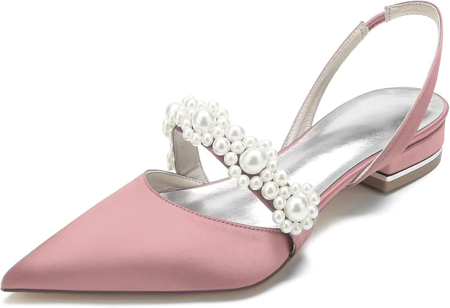 Women's Satin Wedding Flats for Bride Sling Back Pointy Toe Comfy Low Heel Drsssy Bridal Shoes Ladies Shoes