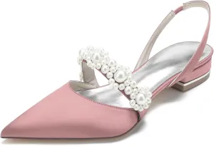 Women's Satin Wedding Flats for Bride Sling Back Pointy Toe Comfy Low Heel Drsssy Bridal Shoes Ladies Shoes