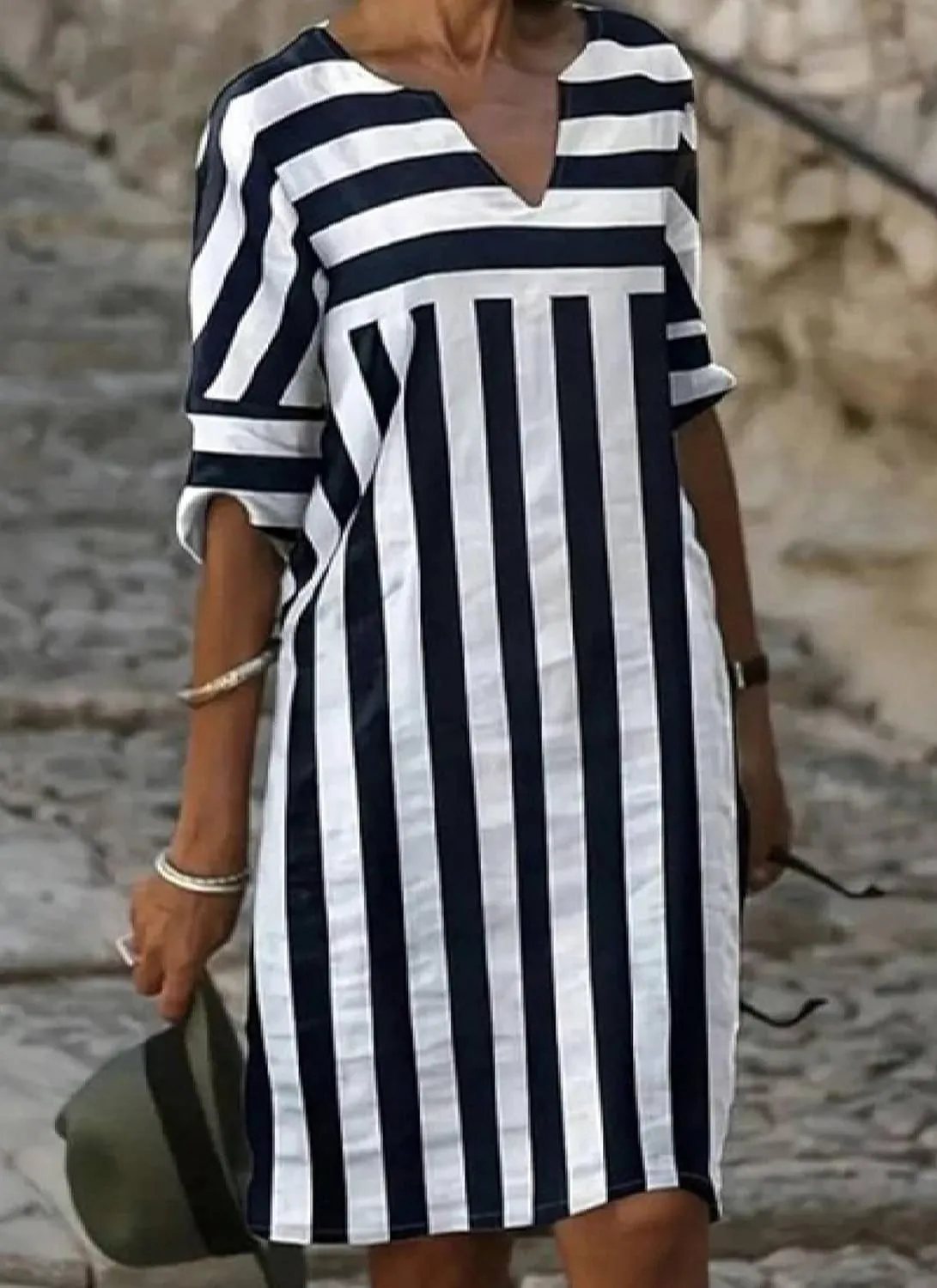 Womens Semi Casual Loose Fit Striped Shift Mini Dress Summer V Neck 3/4 Sleeve Daily Office Dress