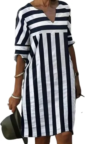 Womens Semi Casual Loose Fit Striped Shift Mini Dress Summer V Neck 3/4 Sleeve Daily Office Dress