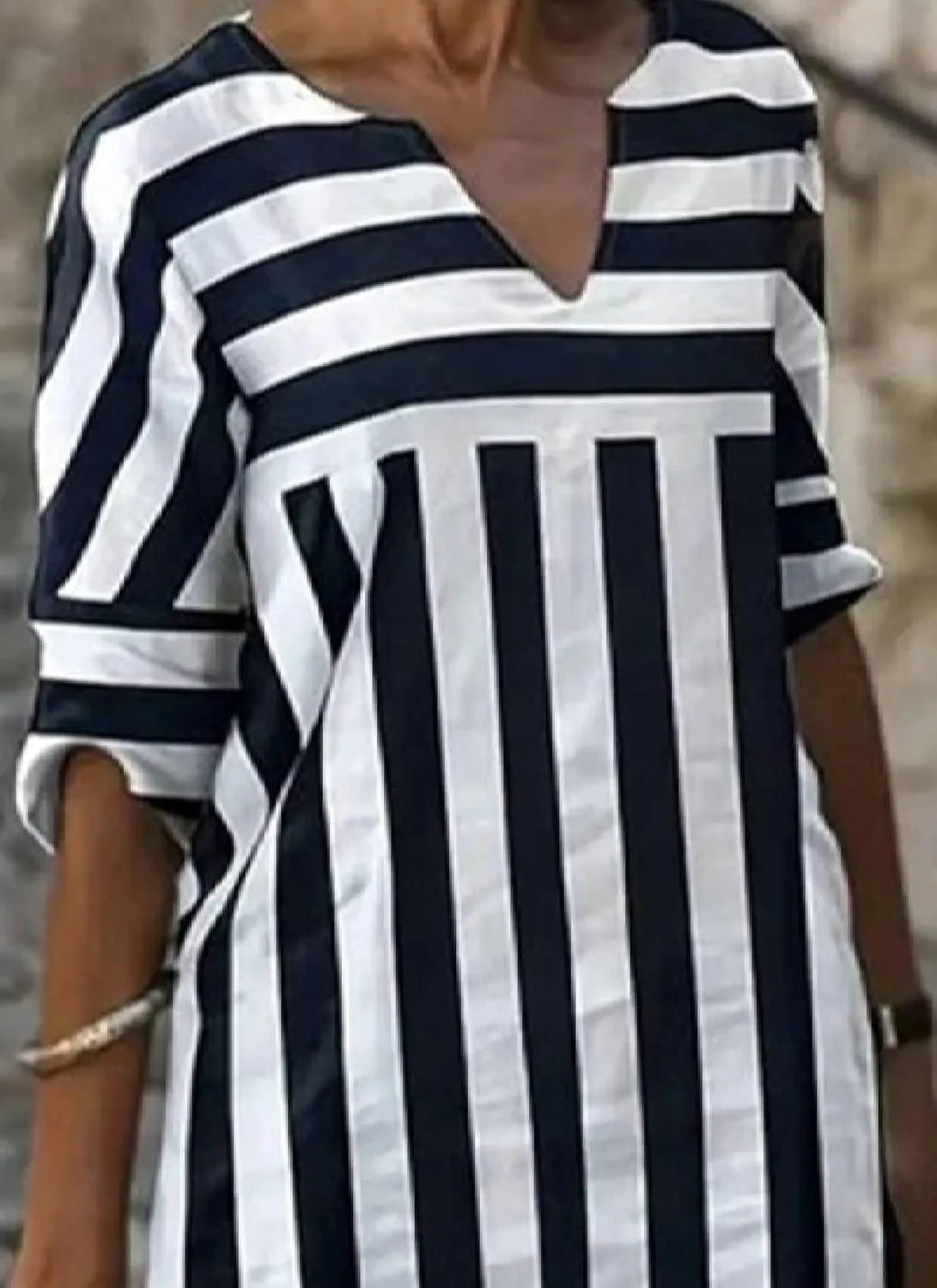 Womens Semi Casual Loose Fit Striped Shift Mini Dress Summer V Neck 3/4 Sleeve Daily Office Dress
