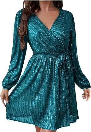 Women's Sequin Dress Fashion V Neck Long Sleeve Elegant Flowy Dress Glitter Sparkly Cocktail Party Dresses with Belt