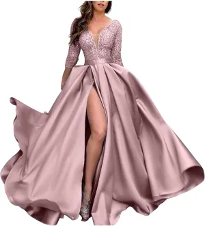 Women's Sequin Dress with Big Hem High Cut Slits Sparkly V-Neck Empire Waist Dress Long Sleeve Comfy Flowy Maxi Dress