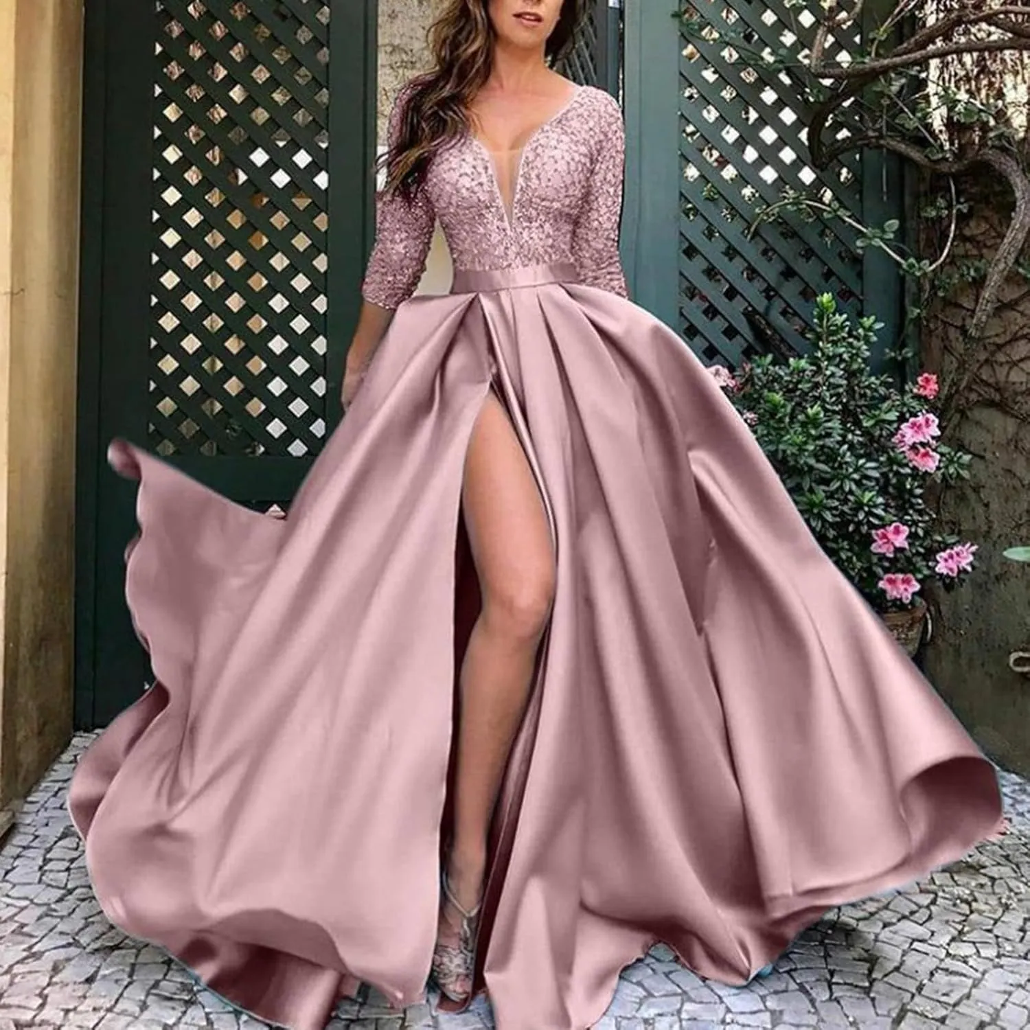 Women's Sequin Dress with Big Hem High Cut Slits Sparkly V-Neck Empire Waist Dress Long Sleeve Comfy Flowy Maxi Dress