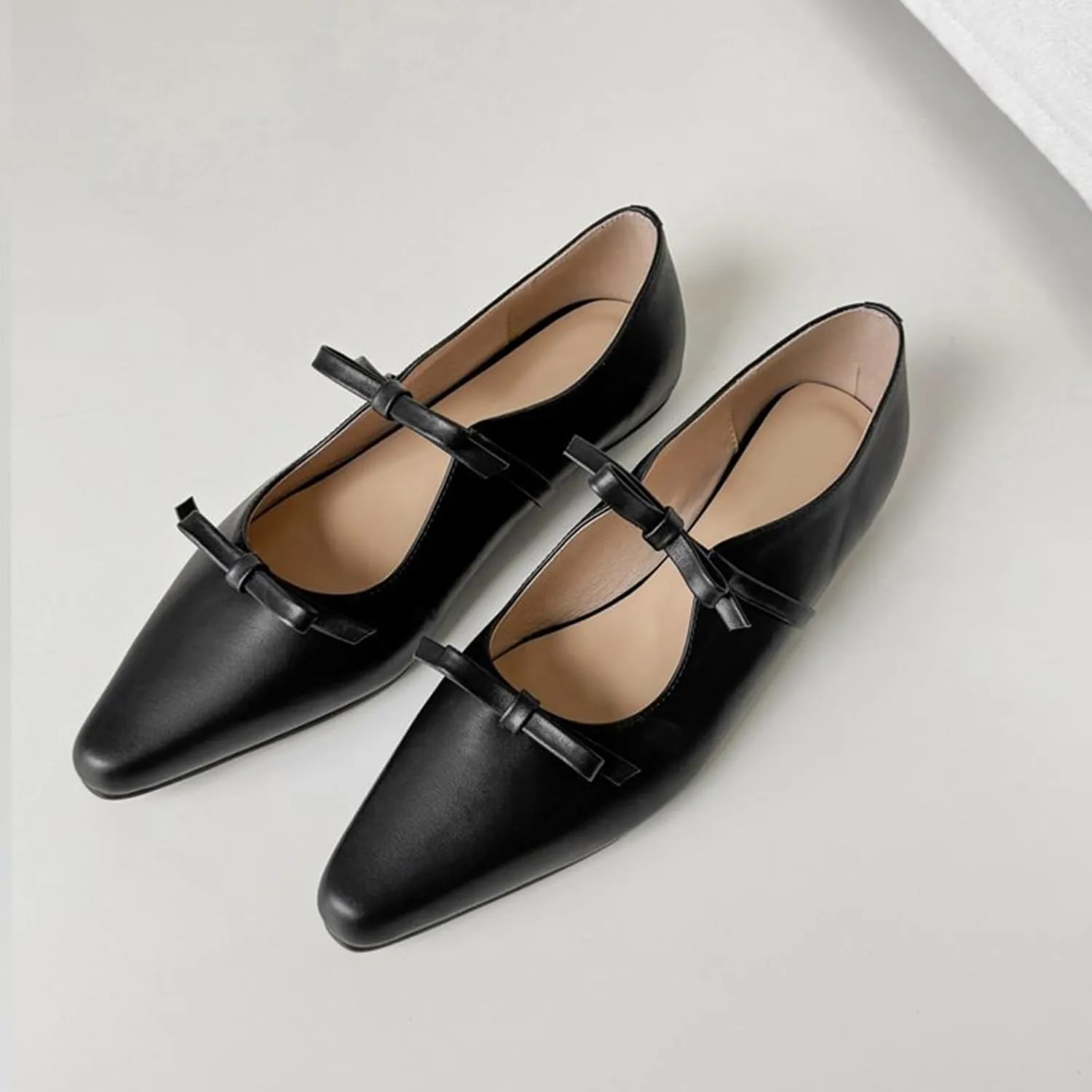 Women's Soft Leather Flat Mary Janes with Cute Bow Ankle Strap Sexy Pointed Toe Slip-On Ballet Flats Fashion Comfortable Lightweight Casual Dress Shoes