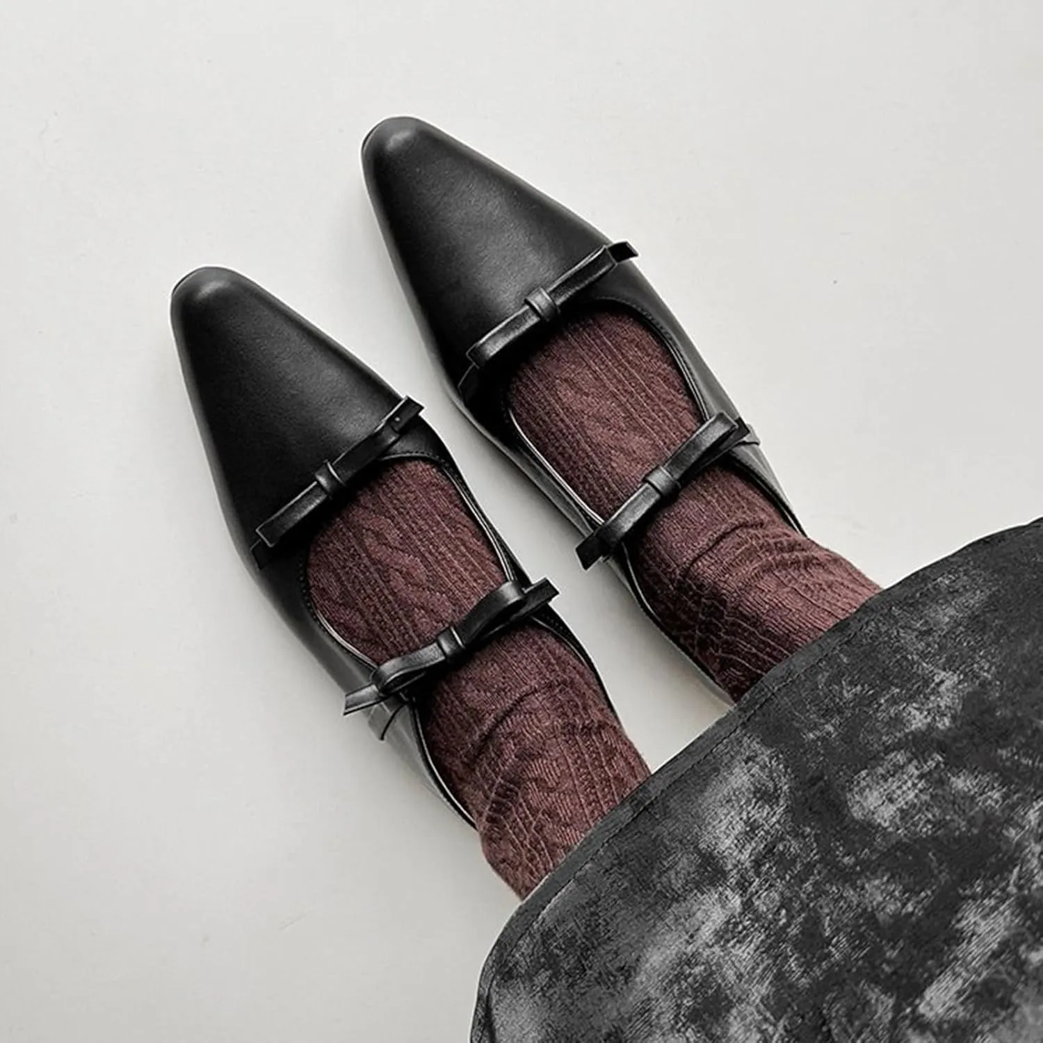 Women's Soft Leather Flat Mary Janes with Cute Bow Ankle Strap Sexy Pointed Toe Slip-On Ballet Flats Fashion Comfortable Lightweight Casual Dress Shoes