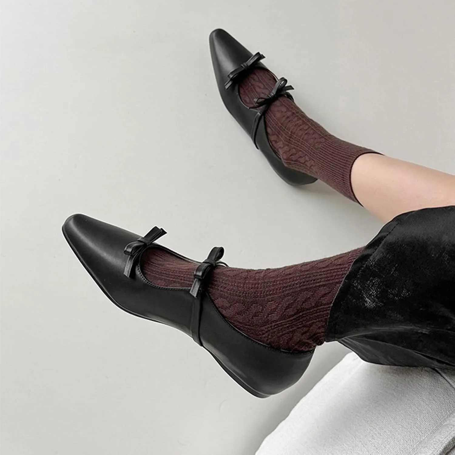 Women's Soft Leather Flat Mary Janes with Cute Bow Ankle Strap Sexy Pointed Toe Slip-On Ballet Flats Fashion Comfortable Lightweight Casual Dress Shoes