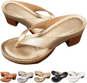 Women's Solid Color Summer Chunky Heel Sandals, Slip on Open Toe Square Toe Comfortable Heeled Sandals, Casual Beach Flip Flops Sandals