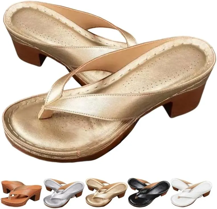 Women's Solid Color Summer Chunky Heel Sandals, Slip on Open Toe Square Toe Comfortable Heeled Sandals, Casual Beach Flip Flops Sandals