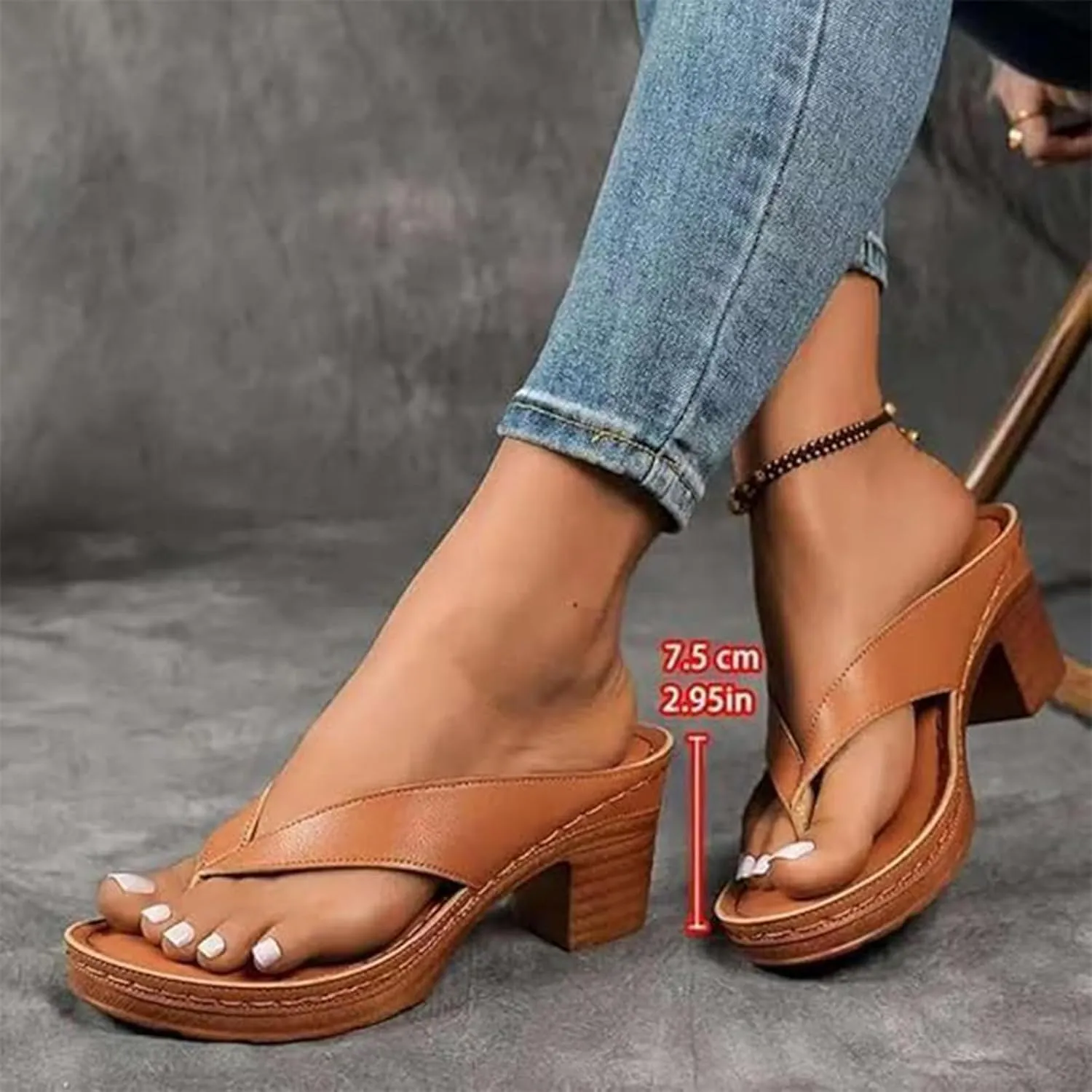 Women's Solid Color Summer Chunky Heel Sandals Slip on Open Toe Square Toe Heeled Sandals Women Comfortable Arch Support Wedges Flip Flops