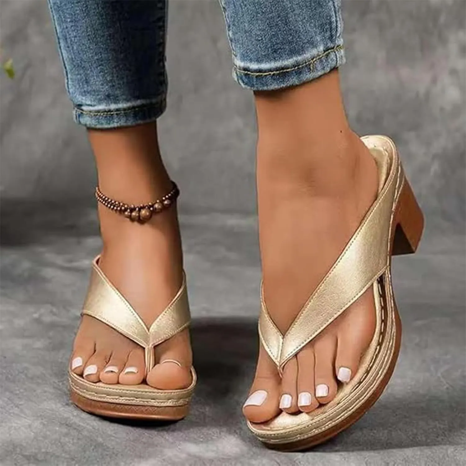 Women's Solid Color Summer Chunky Heel Sandals Slip on Open Toe Square Toe Heeled Sandals Women Comfortable Arch Support Wedges Flip Flops