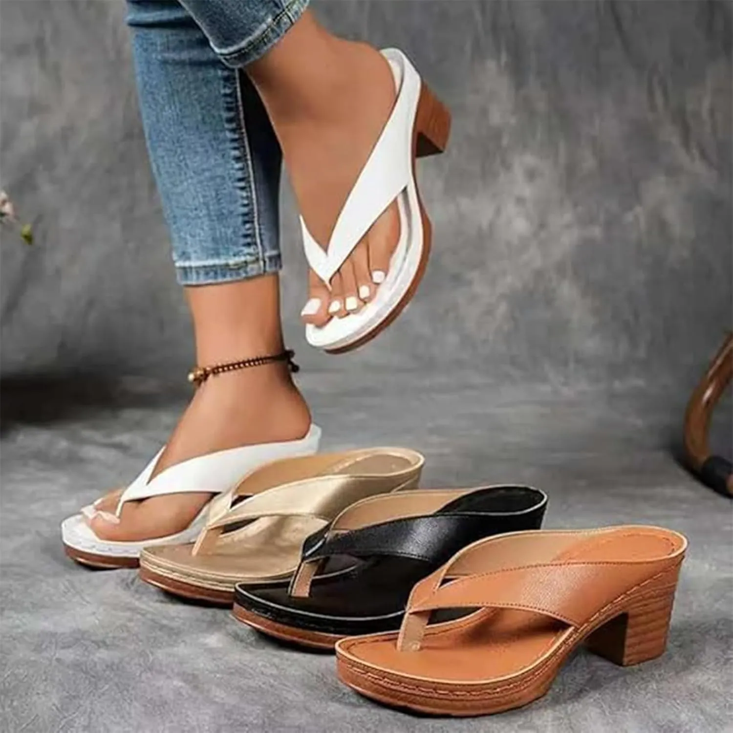 Women's Solid Color Summer Chunky Heel Sandals Slip on Open Toe Square Toe Heeled Sandals Women Comfortable Arch Support Wedges Flip Flops
