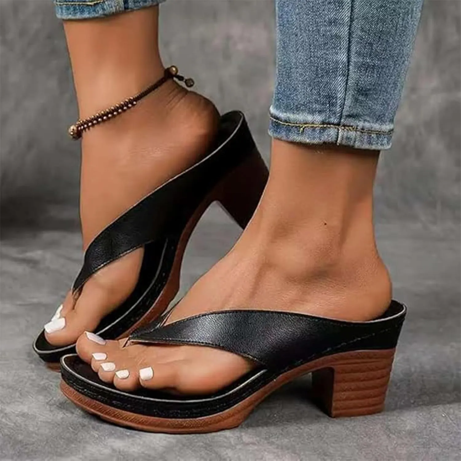 Women's Solid Color Summer Chunky Heel Sandals Slip on Open Toe Square Toe Heeled Sandals Women Comfortable Arch Support Wedges Flip Flops